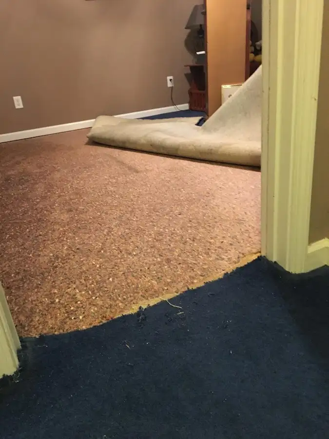 Carpet pad removal revealing water damage during Drying & Dehumidification in Binghamton